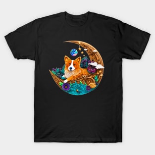 Corgi Dog in Space on Crescent Moon Planets Stars Cute Art Digital Painting T-Shirt